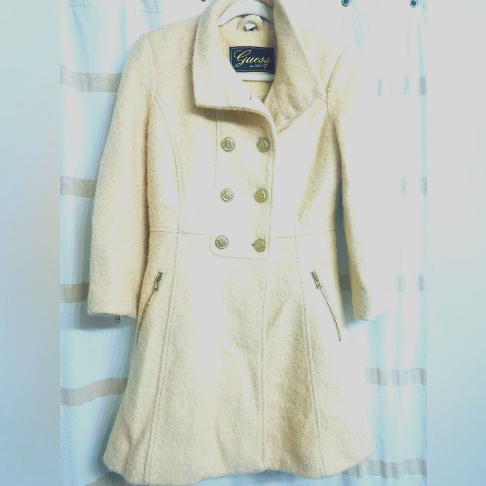 Guess Los Angeles 1981, Y2K Structured Glam Wool Blend Light Beige Cozy Coat M